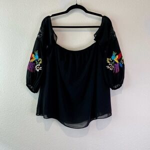 VaVa by Joy Han Revolve Off Shoulder Peasant Top Black Small Embroidered Bird